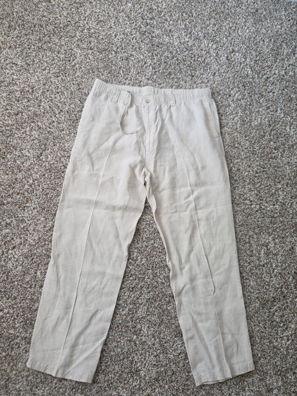Caribbean Mens Linen Pants 42x32 Beige Drawstring Elastic Waist Button Fly